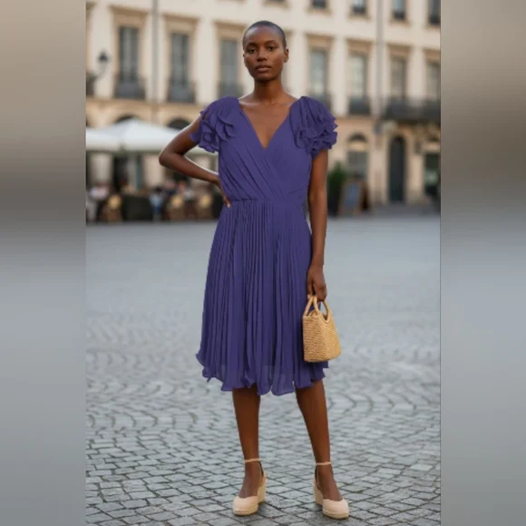 Pearl  Georgina Chapman Royal V-Neck Pleadd Purple Midi Dress Size 6 - Picture 2 of 16